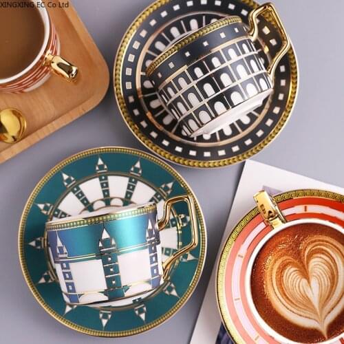 European Ceramic Coffee Cup Light Luxury Afternoon Tea Coffee Cup Saucer Household Teacup Golden Spoon Living Room Decoration