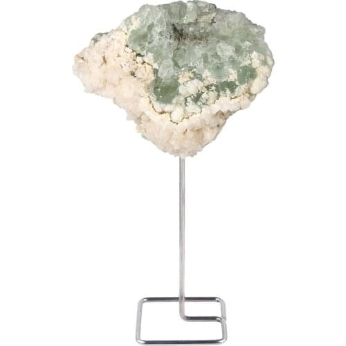 TUMBEELLUWA Green Fluorite Figurine with Stainless Steel Stand Chakra Stone Irregular Shape Desk Ornament Home Office Decoration