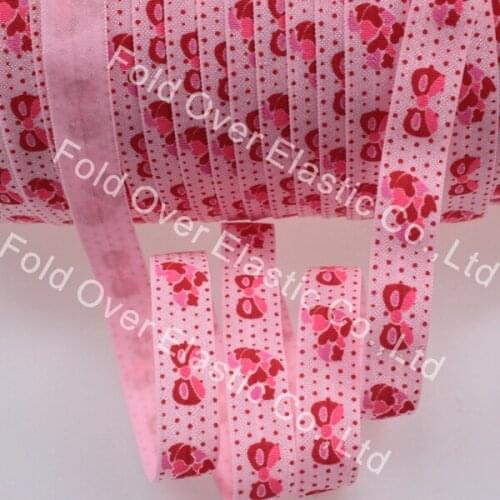 Hot sale 5/8" heart with bow tie printed fold over elastic foe ribbon for Valentines day, 100yards/roll