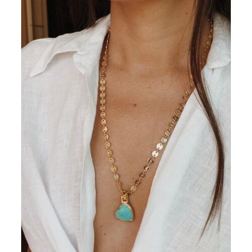 GULCE DERELI, TURQUOISE NATURAL STONE HEART SHAPE CHARM BEAD CHAIN NECKLACE, CHAIN NECKLACE, GIFT BOX, GOLD/SILVER PLATED