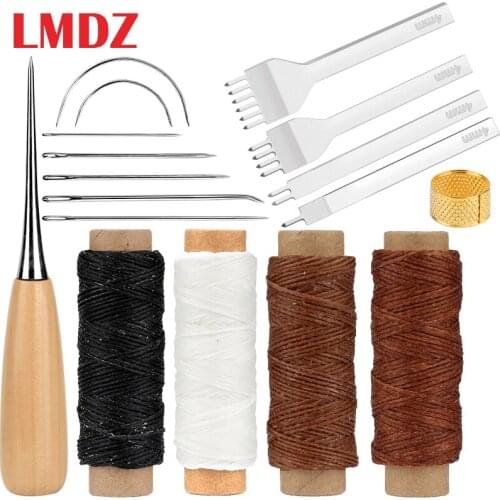 LMDZ Leather Sewing Kit with Waxed Thread Leather Needle Sewing Awl Thimble Spacing Punch Tools for Shoemaker Canvas Repair