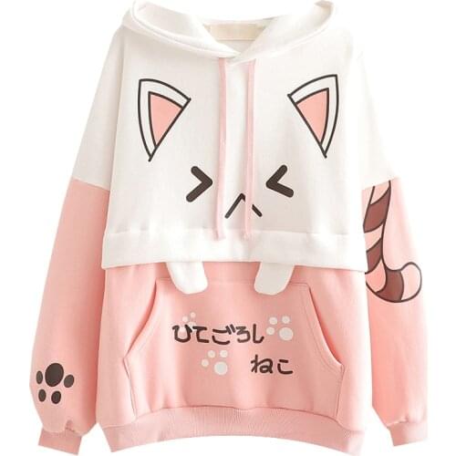 Harajuku Kawaii Women Cute Hoodie Black Pink Long Sleeve Graphic Cat Ear Funny Anime Teen Girls Pullover Vintage Sweatshirt 2020