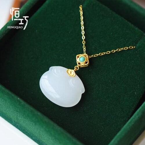 Natural Hetian Jade Lock of Good Wishes Pendant Sterling Silver Gilding Xiangyun Longevity Lock Necklace Retro Chinese Style