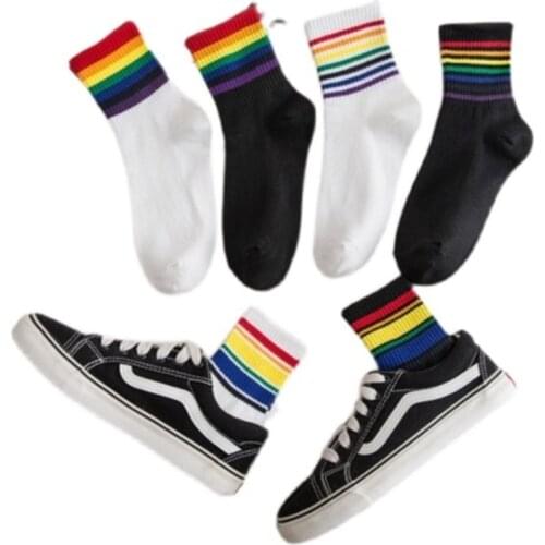 Womens Cute Socks Cotton Rainbow Stripes Socks Christmas Trendy Summer Korea Casual Tide Breathable Girls Middle Tube Sock