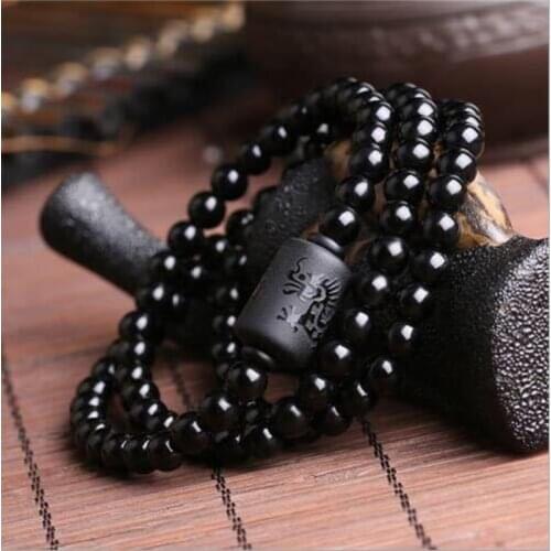 New Crystal Black Obsidian Bead Dragon Phoenix Strand Bracelet For Men Women Couples Lovers Totem Buddha Lucky Amulet Jewelry