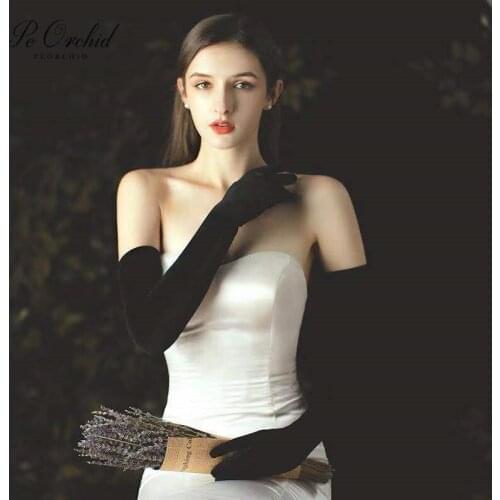 PEORCHID Vintage Velvet Black Wedding Gloves For Brides Elbow Full Finger Women Evening Party Dress Gloves Bridal Accessories