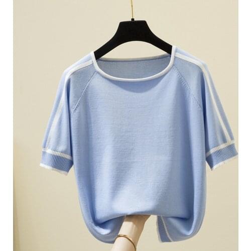 Casual O-Neck Fashion Women T Shirt Female Loose Striped Knitted Tee Shirt Femme Summer Thin Short Sleeve Tees Camisetas Mujer