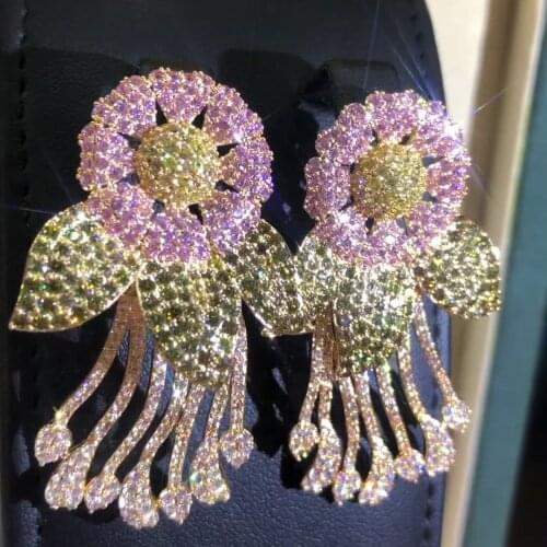 Luxury Romantic Bloom Flowers Tassel Earrings For Women Wedding Party Crystal CZ Dubai Bridal Earrings Fashion Jewelry