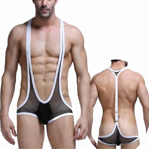 Sexy Mens Undershirts Mesh See Through Jumpsuits One-Piece Leotard Bodysuit Fitness Wrestling Singlet Jockstrap Boxers Underwear