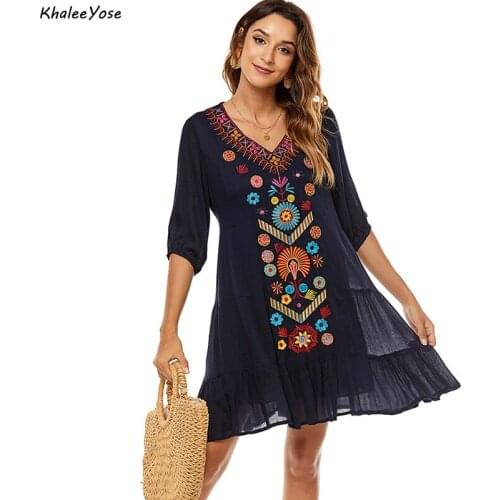 Khalee Yose Floral Embroidery Mini Dress Boho Vintage Summer Holiday Women Dresses Black Casual Chic Oversized Ladies Dress 2021