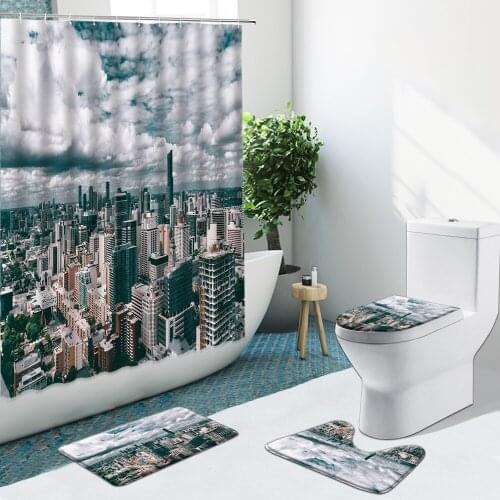 City Architectural Scenery Shower Curtain Building Night View Bathroom Curtains Set Anti-Slip Rugs Toilet Cover Bath Mat Decor