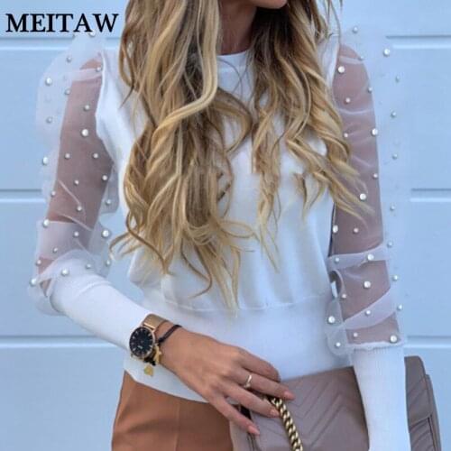 2020 Spring Autumn Women Mesh Blouses Shirts Elegant Lace Puff Sleeve Pearl Beaded Tops Ladies Casual Solid Office Blouse