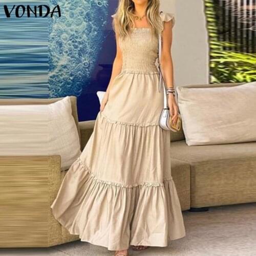 Women Dress Summer Party Long Maxi Dresses 2021 VONDA Casual Solid Color Sleeveless Lace Pleated Ruffled Vestido Plus Size S-5XL