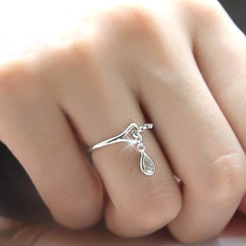 Woman New Fashion Silver Color Water Droplets Ring For Women Opening Adjustable Cute Heart-shaped Crystal Ring Girl Jewelry