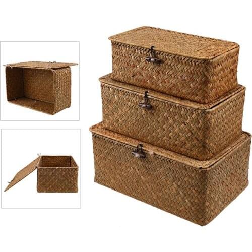 3pcs Straw Woven Debris Desktop Storage Box New Seaweed With Button Woven Basket Hand-woven Storage Basket - Size S, M, L