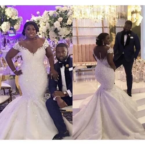 African Mermaid Wedding Dresses Sheer Neck Illusion Bodice Appliques Beads Crystal Country Bridal vestidos de novia Plus Size
