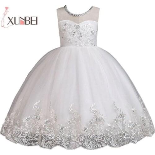 Knee Length White Wedding Flower Girl Dress 2020 Sequined Applique Girls Pageant Dress Dresses Party Princess Ball Gown Princess