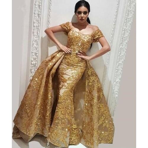 Sparkly Gold Overskirt Mermaid Prom Dresses Off the shoulder Evening Dress with Detachable Train Organza Sequins Lace Party Gown