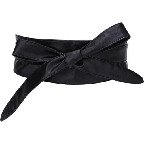 Black Waistband Bowknot Lace up Belts Synthetic Leather Longer Lenient Bind For Ladies women On Tie Bow Dress Commerbunds Strap
