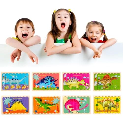 Children Wooden Double-Sided Cartoon Dinosaur Jigsaw Puzzle Early Education Toy