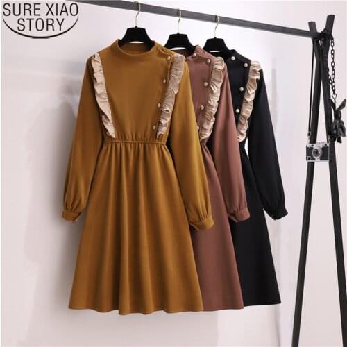 Elegant Fashion A-Line Solid Elastic Waist Female Dress Autumn 2021 Gentle Ruffled Women Long Dress Slimming Draped Dress 12021