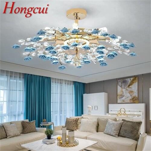 Hongcui Creative Chandeliers Light Crystal Pendant Lamp Blue Flower Branch Home LED Fixture for Living Dining Room