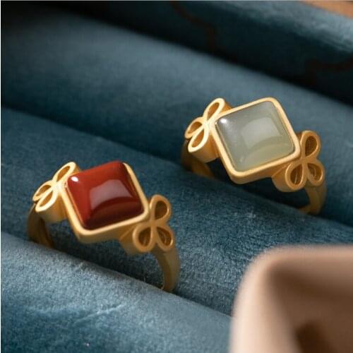 New silver inlaid with natural south red bow knot adjustable ring Chinese unique sand gold craft charm womens jewelry