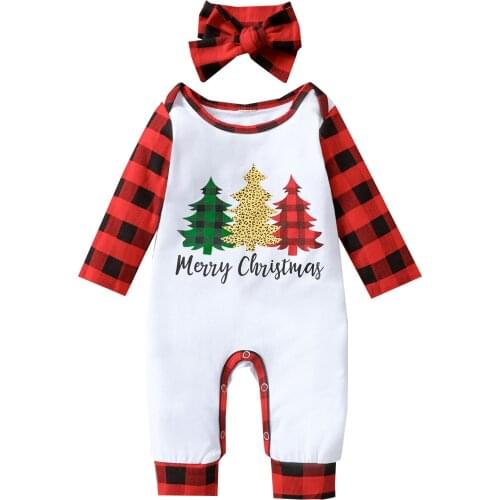 2Pcs Baby Girls Boys Outfit, Christmas Tree Letter Printing Plaid Long Sleeve Round Collar Jumpsuit + Headwear Set