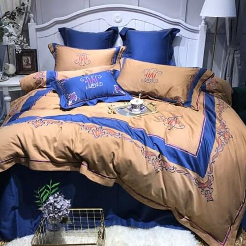 100S Egyptian Cotton Luxury Royal Embroidery Bedding Set 4/6pcs King Queen Wedding Bed Sheet Cover set Duvet Cover Blue Coffee