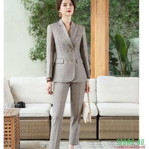 Winter new business professional womens suit Temperament double-breasted plaid suit jacket female Slim pants suit Two-piece set