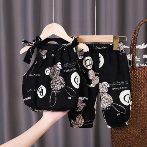 2021 New Korean Girl Summer Suit Childrens Sling Top Western Style Baby Girl Summer Two-piece Suit Childrens Boutique Clothing