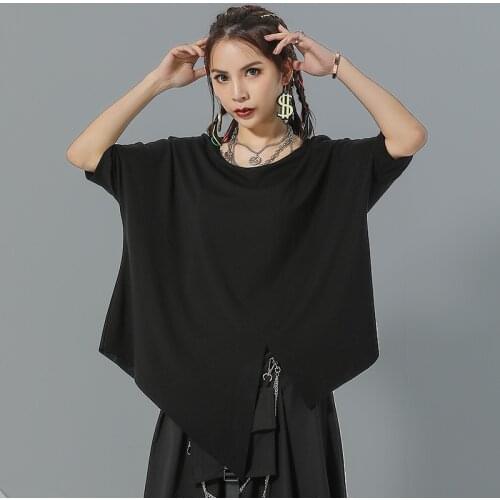 Foreign trade large irregular bat sleeve T-shirt 2021 summer new dark line personality split casual top