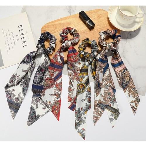Fashion Ladies Hairband Printed Niche Satin Chiffon Long Hair Rope Streamer Girls High Ponytail Hairband Elastic Band