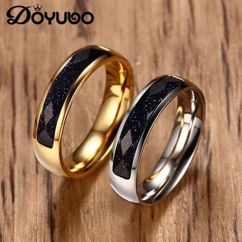 DOYUBO Cool Mens 316L Stainless Steel Rings With Retangle Blue Sand Stone Male Punk Style Silver/Gold Color Rings Jewelry DE035
