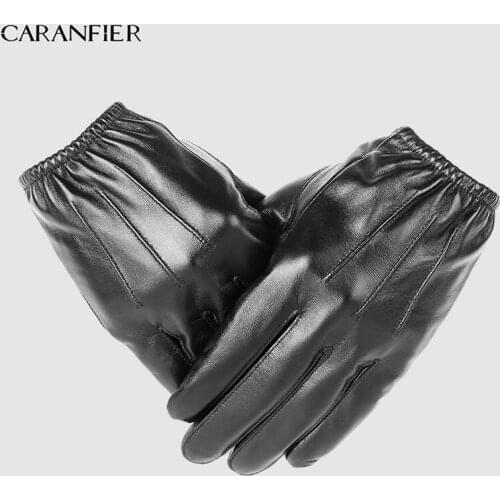 CARANFIER Mens Top Genuine Leather Gloves Wrist Sheepskin Glove Male Thin Winter Driving Car Bike 5-Finger Rushed Velvet Gloves