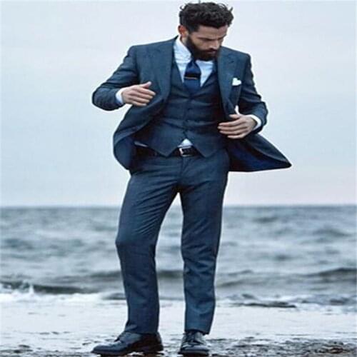 New Classic Men’s Suit Smolking Noivo Terno Slim Fit Easculino Evening Suits For Men Navy Blue WeddingTuxedo Groom Prom Blazer M