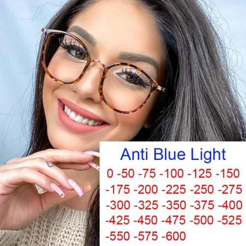 Female Myopia Glasses Luxury Fashion Leopard Round Eyeglasses Transparent Prescription Eyewear Computer Anti Blue Light Glasses