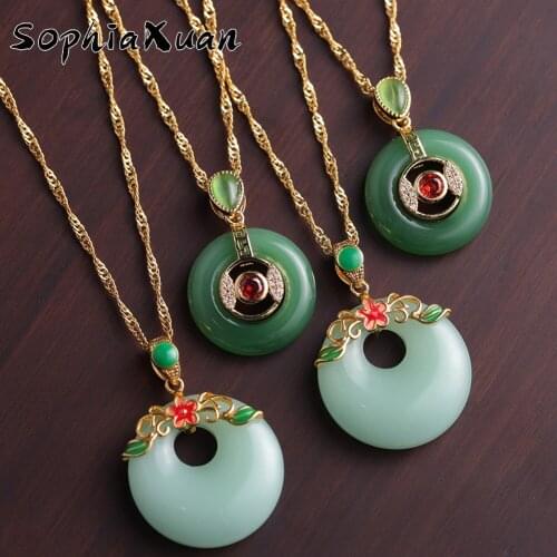 SophiaXuan Artificial Jade Pendant Necklaces Female Round Green Amulet Chinese Style Jewelry Gold Plated Necklace for Wowen Gift