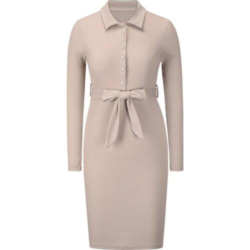 Summer Fashion Belt Turn-down Collar Dress A-line Long Sleeve Buttons Knitted Dress Sundress Casual Dresses For Women