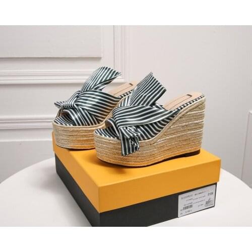 New Summer Big Knot Decor Platform Stripe Woman Slippers Height Increasing Braided Wedges Flip Flop Female Outside Casual Shoes