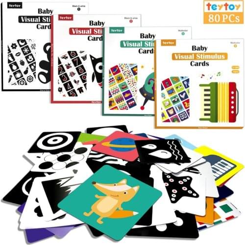Teytoy High Contrast Baby Flash Cards, 80PCS Black White Colorful Learning Activity Card for Educational Newborn Infants Toys