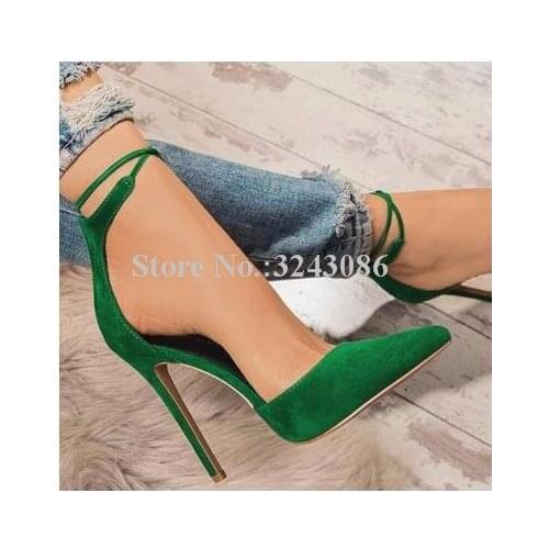 Lady New Lace-up Stiletto Heel Pumps Shoes Sexy 12cm Heel Pointed Toe Green Blue Black Suede High Heels Single Shoes Women