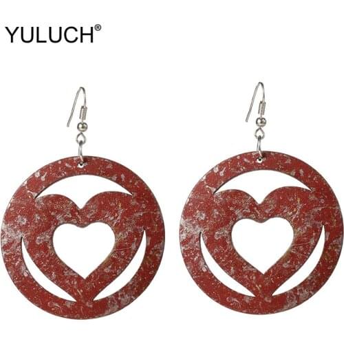 YULUCH Vintage Imitation Rust Hollow Wooden HEART LOVE Water Drop Earrings Fashion Jewelry Ethnic Round Long Big Dangle Earrings