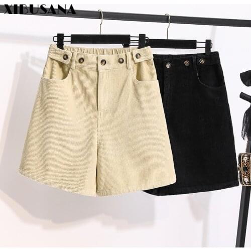 XIBUSANA 2020 Autumn Winter New Women Loose Pockets High Waist Shorts Office Lady Buttons Female Corduroy Shorts Plus Size 5XL