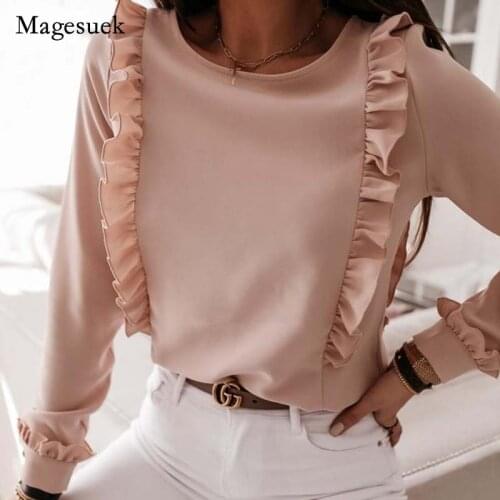 Lady Shirt Long-sleeved Solid Color Shirt Female Autumn Pleated Wood Ear Women Blouse Back Button Blusas Mujer De Moda 15778