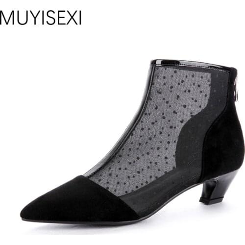 Autumn Boots For Women Air Mesh Genuine Leather Ankle Boots Pointed Toe Hoof Heels Shoes Woman Black Gray HL65 MUYISEXI