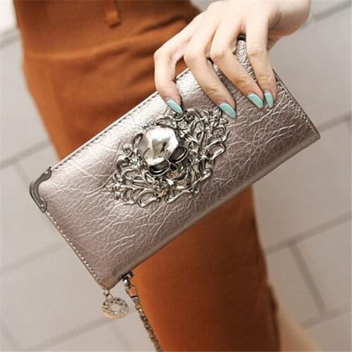 Women Wallets Fashion Lady Wristlet Handbags Long Money Bag Zipper Coin Purse Cards ID Holder Woman Metal Skull Pattern Wallet