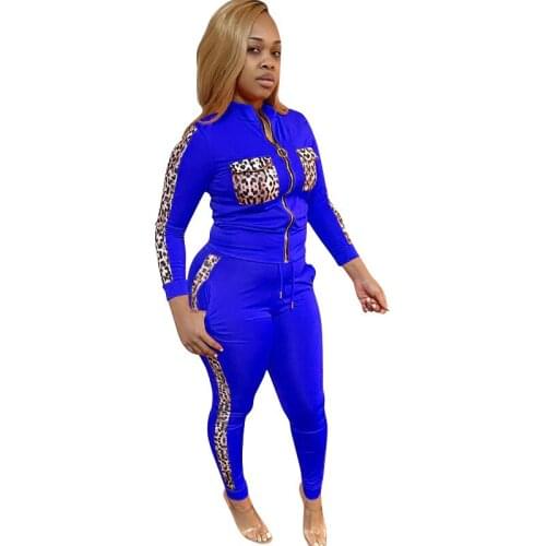 XL-5XL Large Size Womens Pantsuit Fashion Leopard Print Patch Color Zipper Cardigan Casual 2-piece Spring/Fall 2021 Fashion New