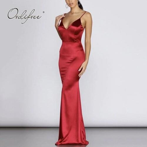 Ordifree 2021 Summer Women Maxi Party Dress Spaghetti Strap Sexy Bodycon Red Long Satin Slip Dress
