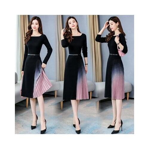 Fashion Pleated Stitching Womens Dresses Vestido De Festa Elegant Midi Dress Ukraine Stylish Thin Dress For Women Vestidos